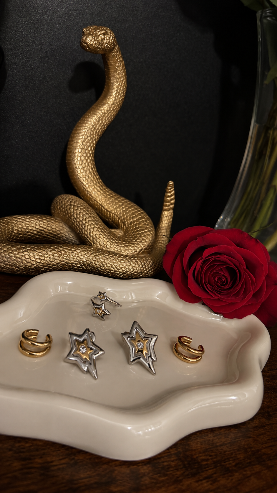Soé earrings set - Conjunto pantalla + ear cuff + sortija / Pantallas y sortija doble tono - ear cuff oro